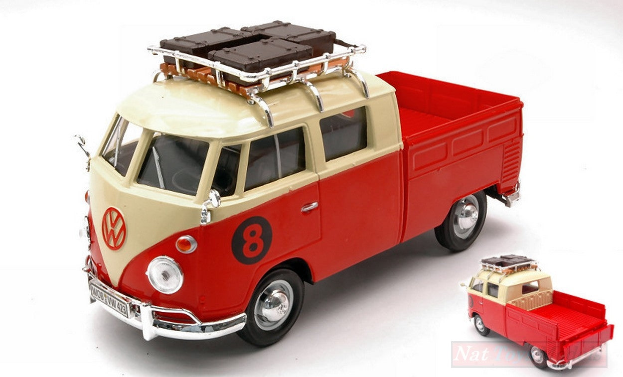 SCALE MODEL COMPATIBLE WITH VW TYPE 2 (T1) 1965 PICK UP WITH ROOF RACK RED/CREAM 1:24 MOTORMAX MTM79582
