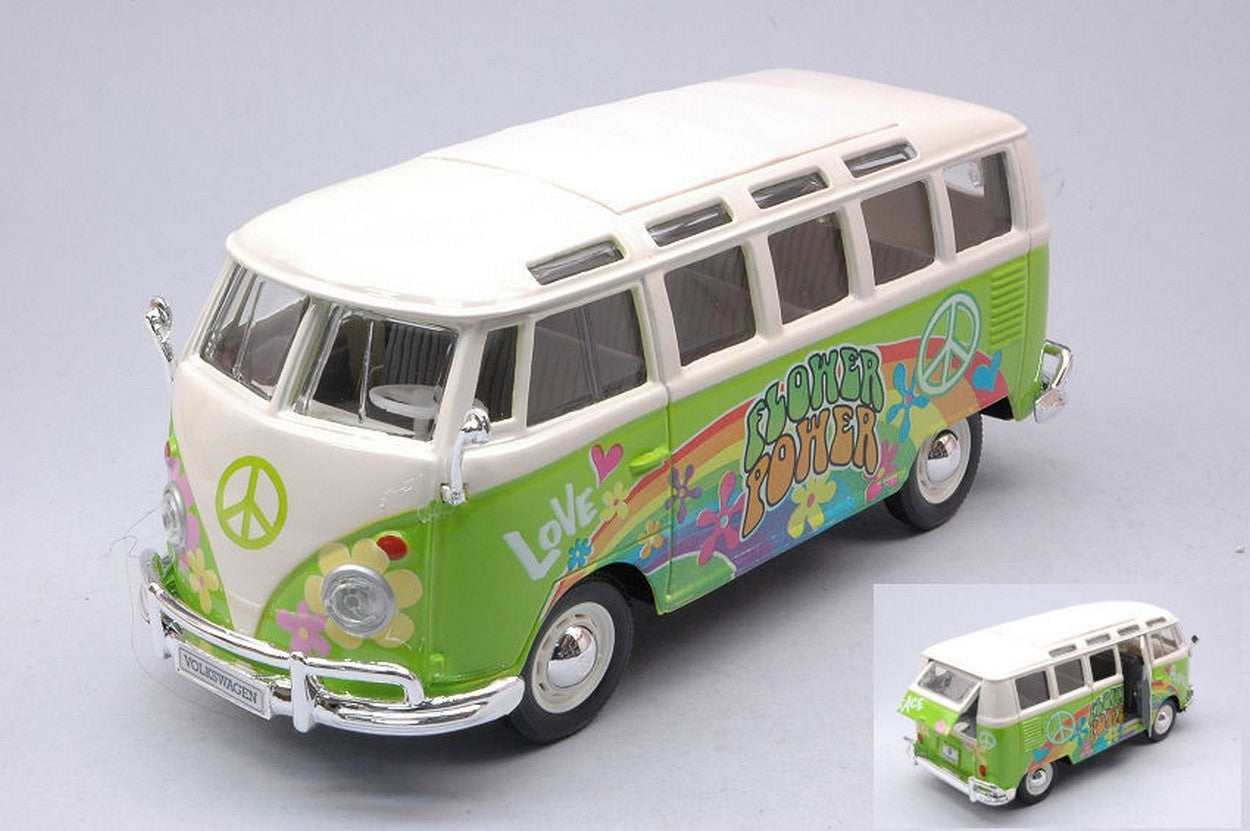 MODELE REDUIT COMPATIBLE AVEC VW VAN SAMBA FLOWER POWER HIPPIE LINE VERT/BLANC 1:25 MAISTO MI32301P