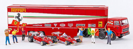 MODELLINO IN SCALA COMPATIBILE CON FIAT 691 T RENNTRANSPORT FERRARI W/2 FERRARI 312 T2 F1 + 6 FIGURES 1:87 BREKINA BRE58575