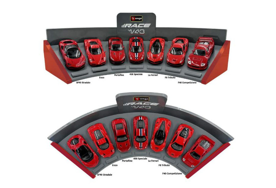 MODELLINO IN SCALA Burago COMPATIBILE CON FERRARI SF90, ENZO, PORTOFINO, 458 SPE, LA FERRARI, F8 TRIBUTO, F40 1:43 MODEL SCALE BUFERRARISET-01 241217