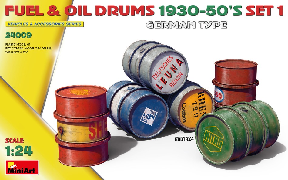 MODELLINO Miniart FUEL & OIL DRUMS 1930-50's SET 1 (GERMAN TYPE) KIT 1:24 MODEL SCALE MIN24009 250506