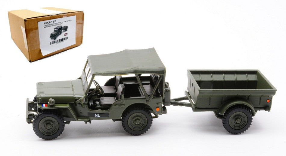 MODELLINO IN SCALA Cararama COMPATIBILE CON NECAF 1/4 TON MILITARY VEHICLE NL 1955 CLOSED TOP + REMORQUE 1:43 MODEL SCALE CANECAF-02 241217