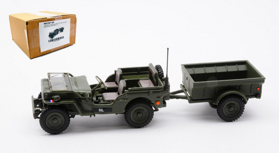 MODELLINO IN SCALA Cararama COMPATIBILE CON NECAF 1/4 TON MILITARY VEHICLE NL 1955 OPEN TOP + REMORQUE 1:43 MODEL SCALE CANECAF-04 241217