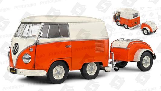 MODELLINO Solido VOLKSWAGEN T1 VAN KOOL COMBI WITH TRAILER 1950 ORANGE/WHITE 1:18 MODEL SCALE SL1810902 250506