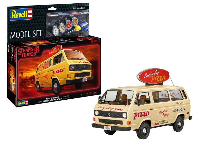 MODELLINO Revell VW T3 BUS "SURFER BOY PIZZA" "STRANGER THINGS" MODEL SET KIT 1:25 MODEL SCALE RV67725 250506