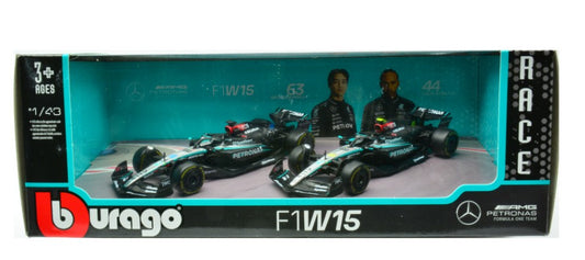 MODELLINO Burago SET MERCEDES F1W15 2024 N.63 GEORGE RUSSELL + N.44 LEWIS HAMILTON 1:43 MODEL SCALE BU38201 250506