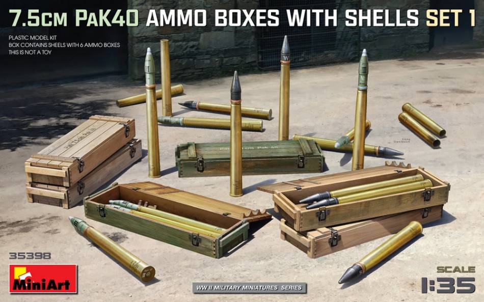 SCALE ASSEMBLY KIT COMPATIBLE WITH 7.5 cm PAK40 AMMO BOXES W/SHELLS SET 1 KIT 1:35 MINIART MIN35398