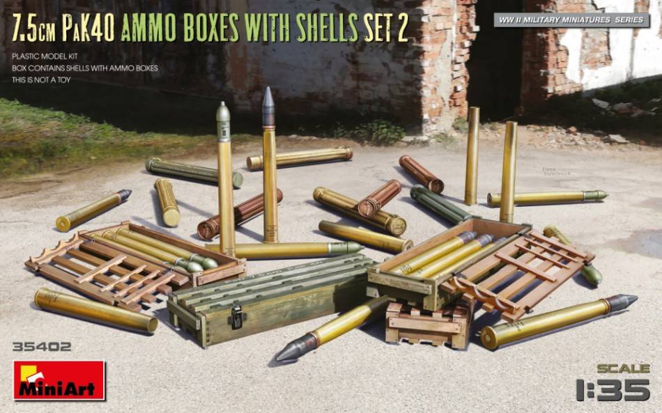 KIT D'ASSEMBLAGE À L'ÉCHELLE COMPATIBLE AVEC LES BOÎTES DE Munitions PAK40 DE 7,5 cm AVEC COQUES SET 2 KIT 1:35 MINIART MIN35402