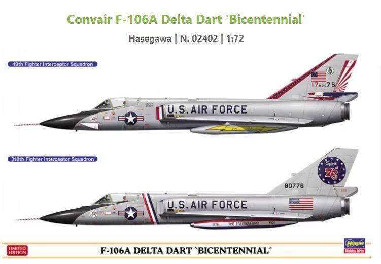 KIT D'ASSEMBLAGE À L'ÉCHELLE COMPATIBLE AVEC LE BICENTENNIAL F-106A DELTA DART (2 KITS) KIT 1:72 HASEGAWA HA02402