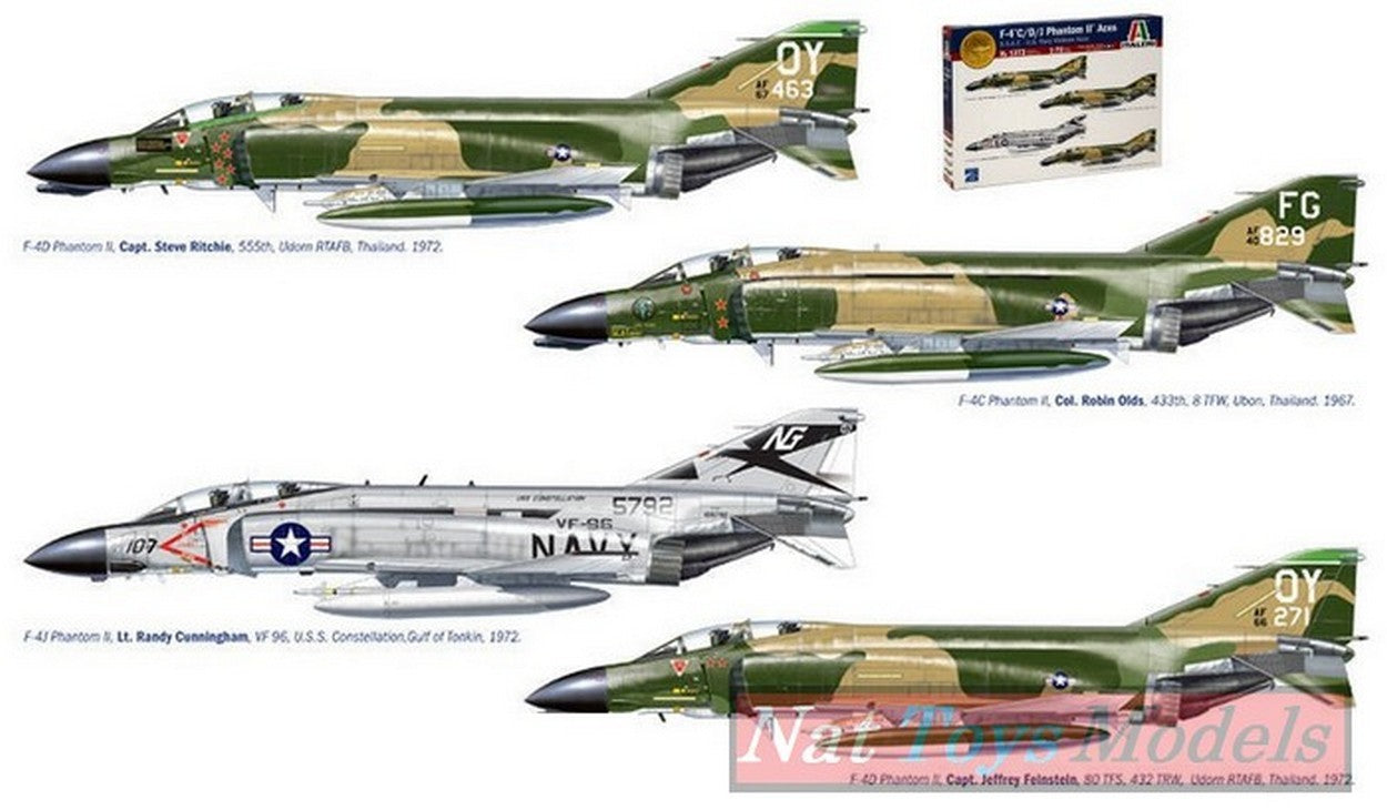 KIT DA MONTARE IN SCALA COMPATIBILE CON F-4 C/D/J PHANTOM USA-US NAVY VIETNAM ACES DECALS x 4 VERSIONI KIT 1:72 ITALERI IT1373