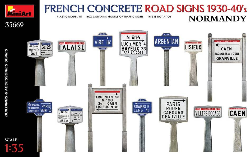 SCALE ASSEMBLY KIT COMPATIBLE WITH FRENCH CONCRETE ROAD SIGNS 1930-40s NORMANDY KIT 1:35 MINIART MIN35669