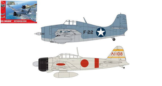 KIT DE MONTAGE À L'ÉCHELLE COMPATIBLE AVEC GRUMMAN F-4F4 WILDCAT ET MITSUBISHI ZERO DOGFIGHT DOUBLE KIT 1:72 AIRFIX A50184