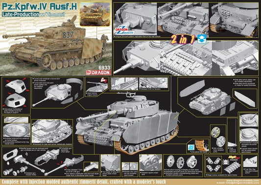 KIT DA MONTARE IN SCALA COMPATIBILE CON PZ.KPFW.IV AUSF.H LATE PRODUCTION W/ZIMMERIT 2 IN 1 KIT 1:35 DRAGON D6933