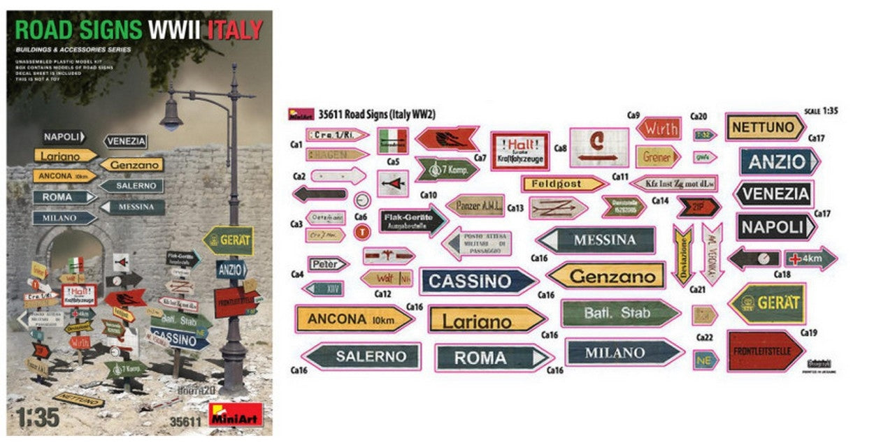 KIT À ASSEMBLER À L'ÉCHELLE COMPATIBLE AVEC LA SIGNALISATION ROUTIERE WWII ITALIE KIT 1:35 MINIART MIN35611
