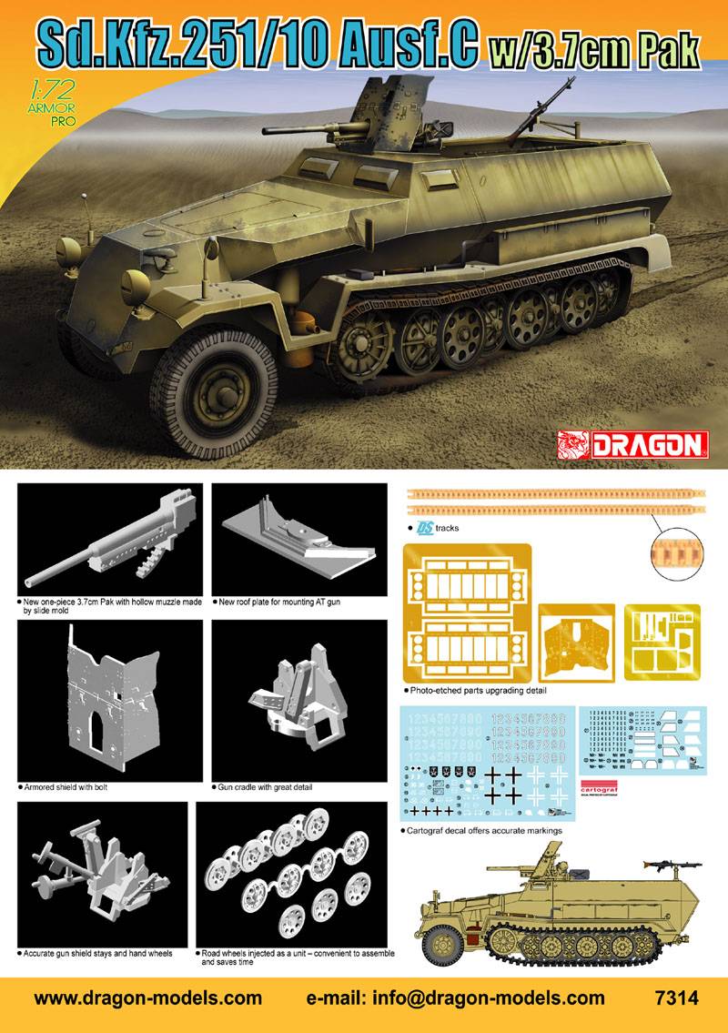KIT DE MONTAGE À L'ÉCHELLE COMPATIBLE AVEC SD KFZ 251/10 AUSF.CW/PAK 36 KIT 1:72 DRAGON D7314