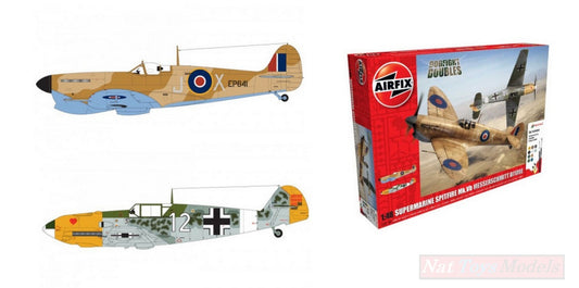 KIT DE MONTAGE À L'ÉCHELLE COMPATIBLE AVEC SUPERMARINE SPITFIRE MKVB + MESSERSCHMITT BF109E SET 2 pièces KIT 1:48 AIRFIX A50160