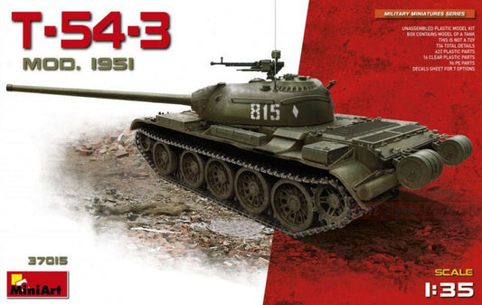 KIT D'ASSEMBLAGE À L'ÉCHELLE COMPATIBLE AVEC LE CHAR MOYEN SOVIÉTIQUE T-54-3 Mod 1951 KIT 1:35 MINIART MIN37015