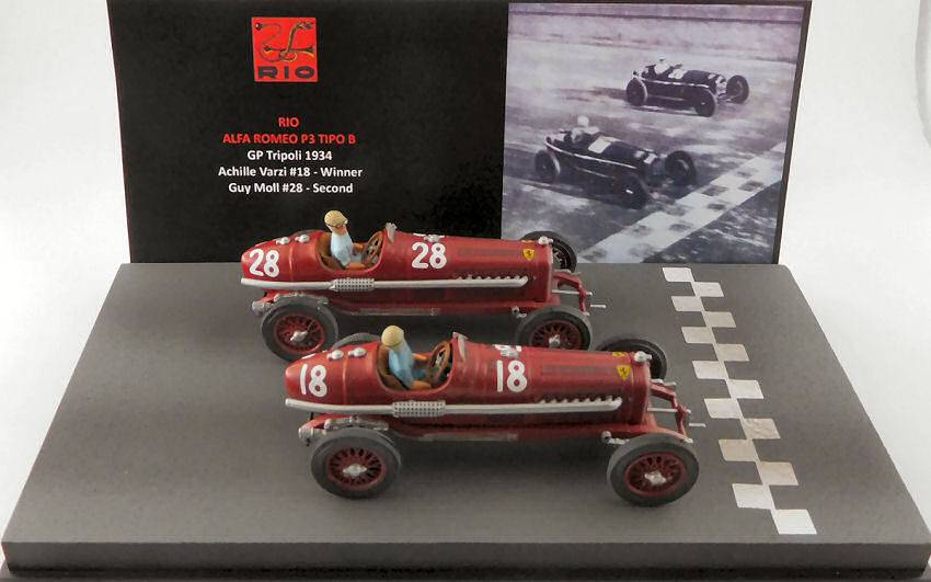 MODELLINO IN SCALA COMPATIBILE CON ALFA ROMEO P3 G.P.TRIPOLI 1934 N.18 WINNER VARZI/ N.28 2nd MOLL 1:43 RIO RI4660P