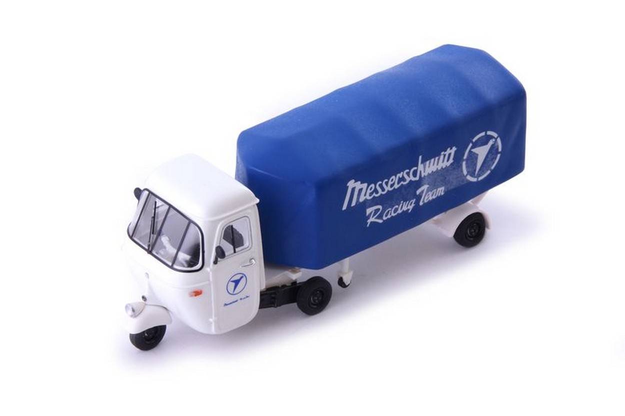 MODELE REDUIT COMPATIBLE AVEC APE PIAGGIO PENTARO RENNTRANSPORTER "MESSERSCHMITT" 1961 BLANC/BLEU 1:43 AUTOCULT ATC08016