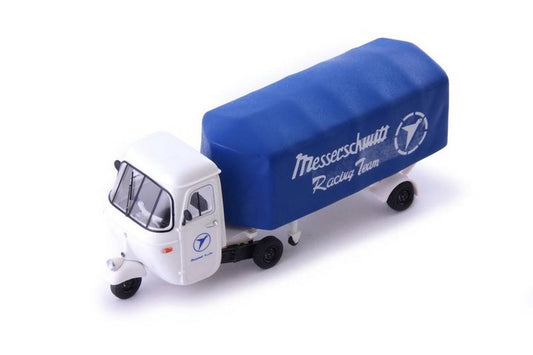 MODELE REDUIT COMPATIBLE AVEC APE PIAGGIO PENTARO RENNTRANSPORTER "MESSERSCHMITT" 1961 BLANC/BLEU 1:43 AUTOCULT ATC08016