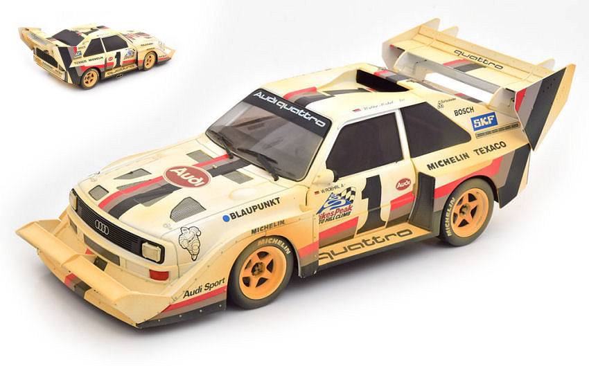 MODÈLE RÉDUIT COMPATIBLE AVEC AUDI QUATTRO S1 N.1 GAGNANT PIKES PEAK 1987 WALTER ROHRL DIRTY VERS.1:18 CMR CMR190