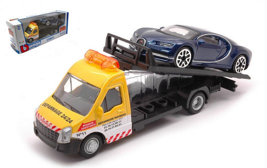 MODÈLE RÉDUIT COMPATIBLE AVEC BUGATTI CHIRON + TRANSPORTEUR À PLATEAU 1:43 BURAGO BU31409