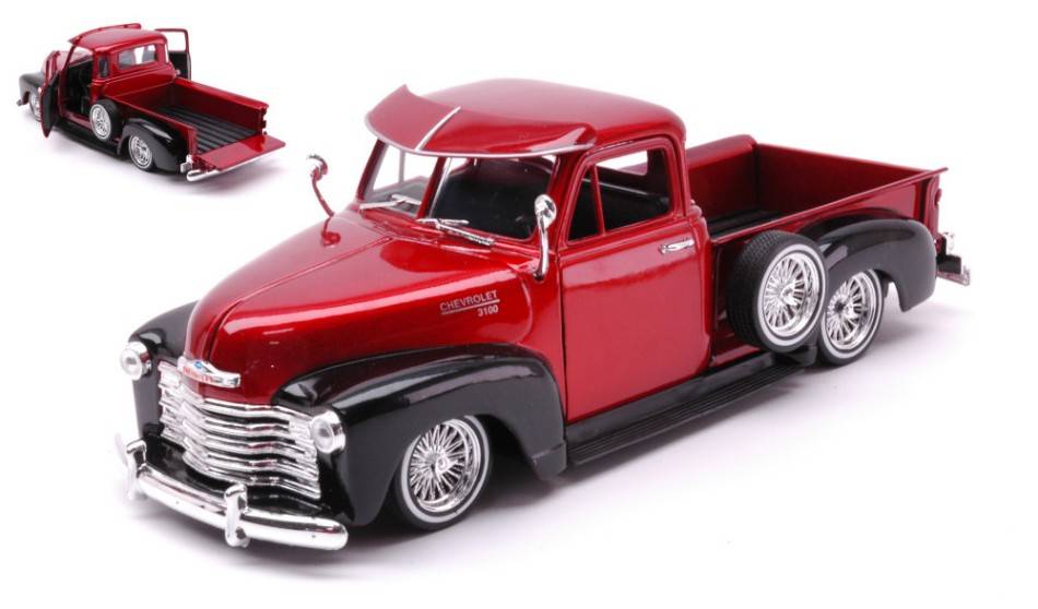 MODELLINO IN SCALA COMPATIBILE CON CHEVROLET 3100 PICK UP LOW RIDER METALLIC RED/BLACK 1:24 WELLY WE22087BKMRD
