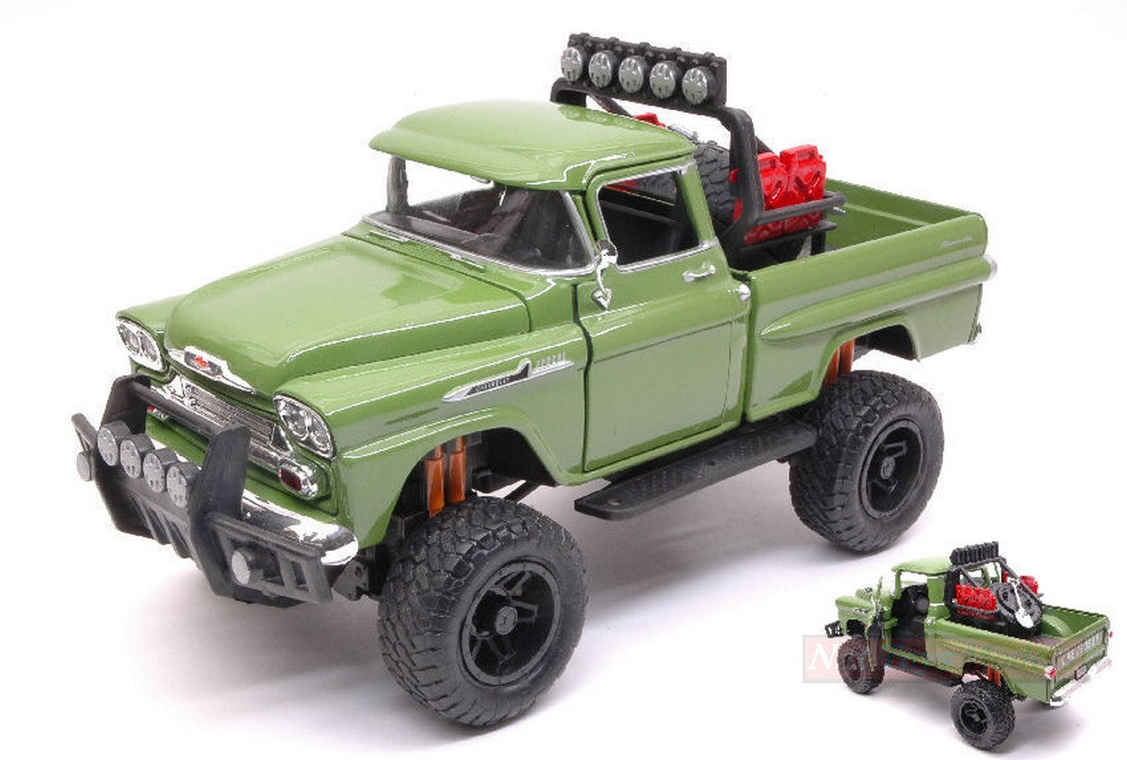MODELLINO IN SCALA COMPATIBILE CON CHEVROLET APACHE FLEETSIDE PICK UP OFF ROAD 1958 GREEN 1:24 MOTORMAX MTM79135
