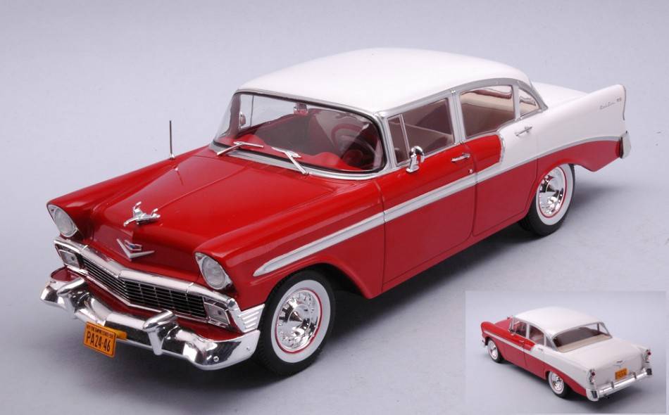 MODELE REDUIT COMPATIBLE AVEC CHEVROLET BEL AIR BERLINE 4 PORTES ROUGE/BLANC 1:24 WHITEBOX WB124121