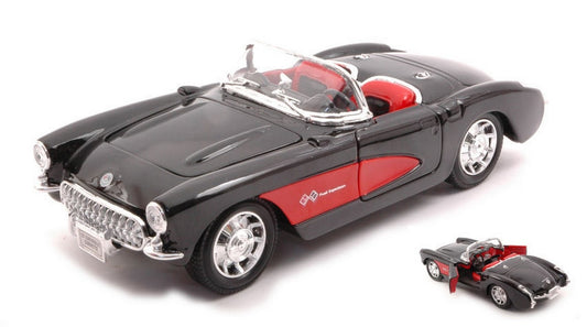 MODELLINO IN SCALA COMPATIBILE CON CHEVROLET CORVETTE 1957 BLACK/RED 1:24 WELLY WE29393BKR