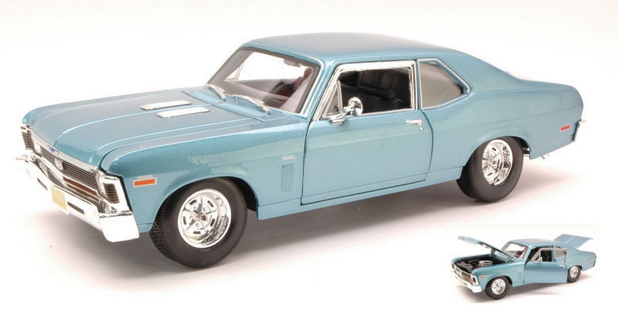 MODELLINO IN SCALA COMPATIBILE CON CHEVROLET NOVA SS COUPE 1970 LIGHT METALLIC BLUE 1:18 MAISTO MI31132LB