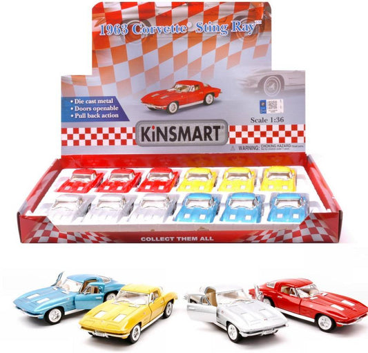 MODELLINO IN SCALA COMPATIBILE CON CORVETTE STINGRAY 1963 COL.ASS.cm 12,5 1:36 KINSMART KT17907