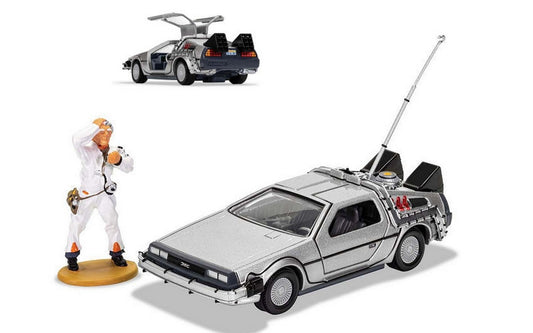 MODELLINO IN SCALA COMPATIBILE CON DE LOREAN BACK TO THE FUTURE AND DOC BROWN FIGURE 1:36 CORGI CC05503