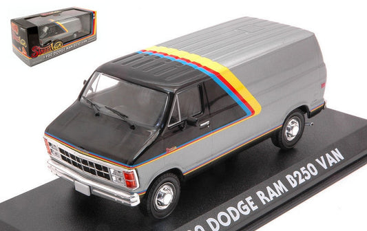 MODELLINO IN SCALA COMPATIBILE CON DODGE RAM B250 VAN SILVER/BLACK W/YELLOW, RED AND BLUE STRIPES 1:43 GREENLIGHT GREEN86600