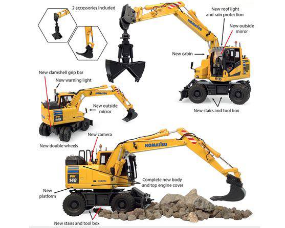 SCALE MODEL COMPATIBLE WITH KOMATSU PW148-11 EXCAVATOR WITH ACCESSORIES 1:50 UNIVERSAL HOBBIES UH8162