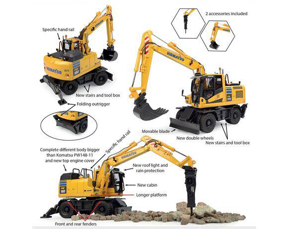 SCALE MODEL COMPATIBLE WITH KOMATSU PW180-11 EXCAVATOR WITH ACCESSORIES 1:50 UNIVERSAL HOBBIES UH8163