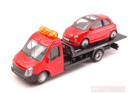 MODELLINO IN SCALA COMPATIBILE CON FIAT 500 2007 + FLATBED TRANSPORTER 1:43 BURAGO BU31402