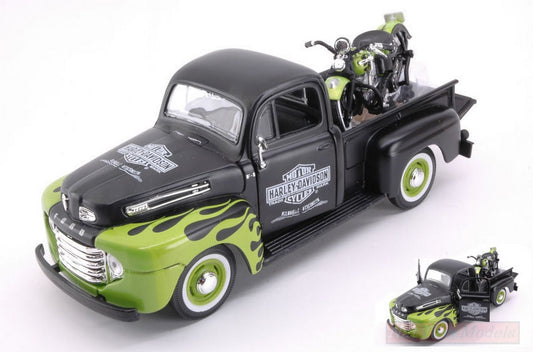 SCALE MODEL COMPATIBLE WITH FORD F1 PICK UP 1948 W/HARLEY DAVIDSON FL PANHEAD BLACK/GREEN 1:24 MAISTO MI32171G
