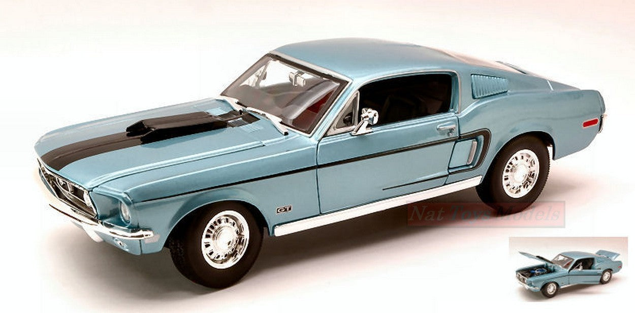 MODELLINO IN SCALA COMPATIBILE CON FORD MUSTANG GT COBRA JET 1968 LIGHT BLUE METALLIC 1:18 MAISTO MI31167LB