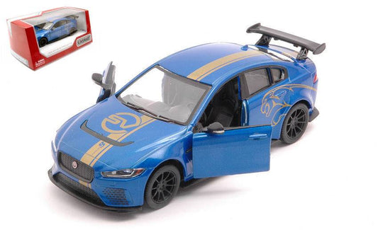 MODELLINO IN SCALA COMPATIBILE CON JAGUAR XE SV PROJECT 8 BLUE WITH GRAPHICS BOX cm 12 KINSMART KT5416WFB