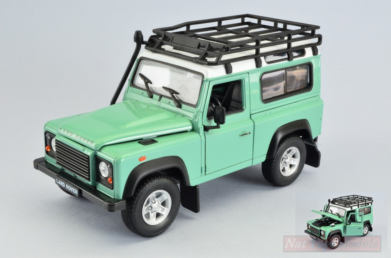 SCALE MODEL COMPATIBLE WITH LAND ROVER DEFENDER LIGHT GREEN/WHITE W/ROOF RACK 1:24 WELLY WE22498SPGREEN