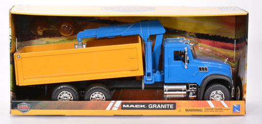SCALE MODEL COMPATIBLE WITH MACK GRANITE DUMP YELLOW TRUCK BLUE W/PLASTIC CRANE 1:18 NEW RAY NY17106