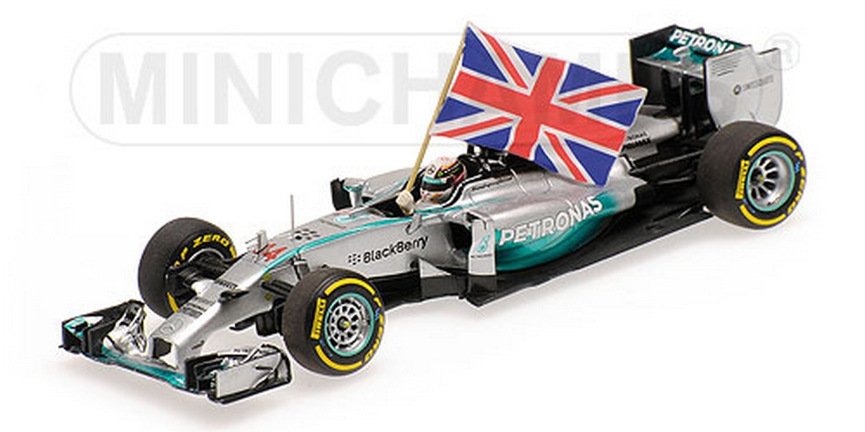 MODELLINO IN SCALA COMPATIBILE CON MERCEDES W05 L.HAMILTON 2014 N.44 WINNER ABU DHABI GP WITH FLAG 1:43 MINICHAMPS PM410140544