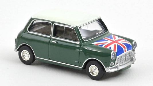 SCALE MODEL COMPATIBLE WITH MINI COOPER S 1964 ALMOND GREEN AND FLAG ON BONNET 1:54 NOREV NV310524