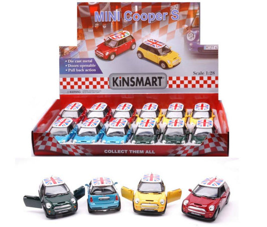 SCALE MODEL COMPATIBLE WITH MINI COOPER S CAR ROOF WITH UK FLAG 12 cm 1:28 KINSMART KT89900
