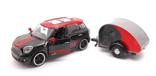 SCALE MODEL COMPATIBLE WITH MINI COOPER S COUNTRYMAN WITH CAMPER TRAILER BLACK/RED 1:24 MOTORMAX MTM79762