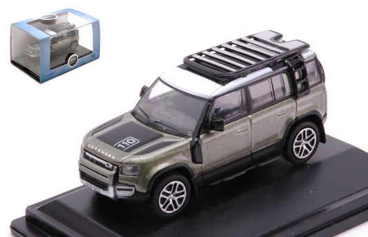 SCALE MODEL COMPATIBLE WITH NEW LAND ROVER DEFENDER 110 METALLIC GREEN W/WHITE ROOF 1:76 OXFORD OXF76ND110003