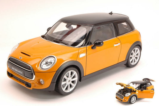 MODELLINO IN SCALA COMPATIBILE CON NEW MINI HATCH 2015 ORANGE W/BLACK ROOF 1:18 WELLY WE8050OR