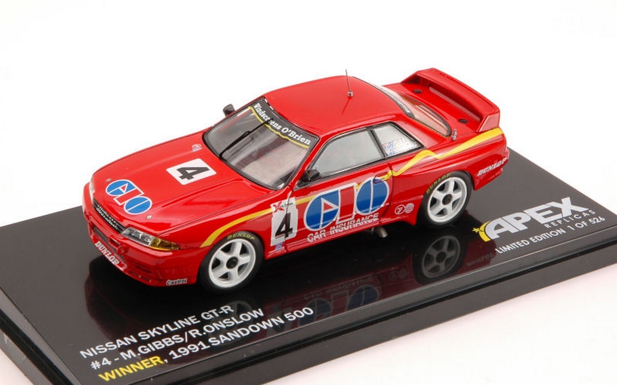 MODÈLE RÉDUIT COMPATIBLE AVEC NISSAN SKYLINE GT-R N.4 WINNER SANDOWN 500 1991 1:43 APEX REPLICAS AR108