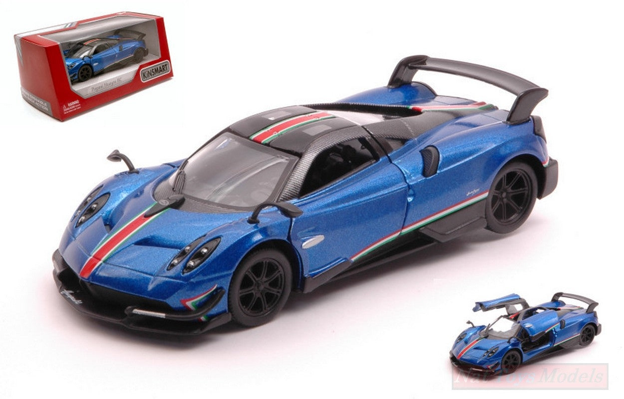 SCALE MODEL COMPATIBLE WITH PAGANI HUAYRA BC WITH PRINTING &amp; WING BLUE 12 cm BOX KINSMART KT5400WFB